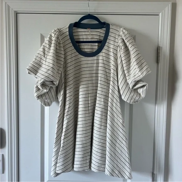 Free People Cream Striped Mini Dress with Blue Trim - Picture 6 of 10